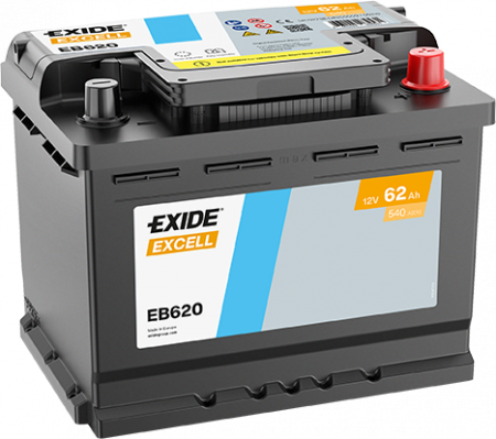 EXIDE Excell EB620 / 12V, 62Ah, 540A / 242x175x190 - +